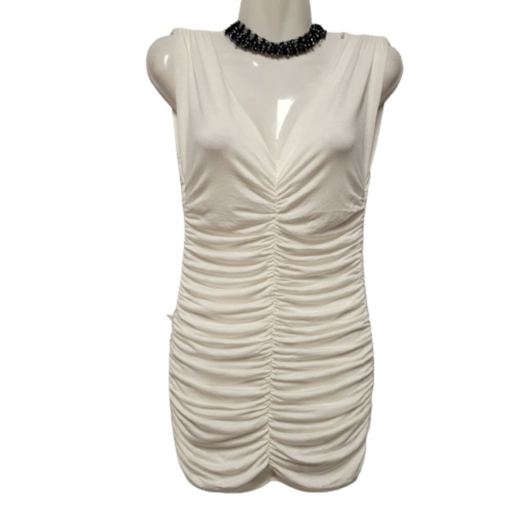 𝅺WHITE Ruched V Neck Low Back Mini Dress  Size M - NWOT